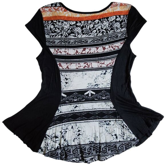 PERSAYA Black White Orange Brown Mixed Print Short Sleeve Top L - Picture 2 of 11